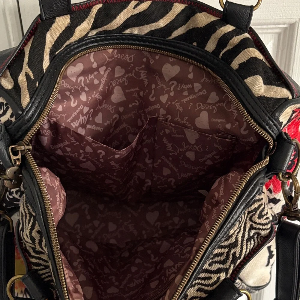 Desigual Black Satchel Red & White Floral Detail Top Handle w. Crossbody Strap